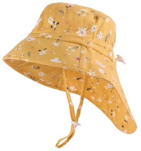 LACOFIA Baby Sonnenhut Mädchen Baumwolle Kleinkind UV Sommer Mütze Verstellbarem Kinder Breiter Krempe Strand Cap Fischerhut mit Bindebändern und Nackenschutz Gelb 2-5 Jahre
