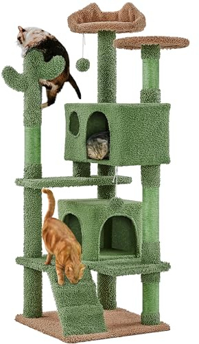 Yaheetech Árbol Rascador para Gatos de Cactus de Felpa 48,5x48,5x138 cm Torre Escalador de Sisal Multiplataforma para 1-3 Gatos Medianos con Cueva Grande Dos Bolas Verde y Marrón