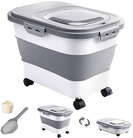 DDMOMMY 20-30 Lbs Rice Storage Container,Collapsible Food Storage Containers with Rolling Wheel Airtight Locking Lid,Flour Storage Container with Cup and Scoop,Suitable for Food,Rice,Pet Food,Flour
