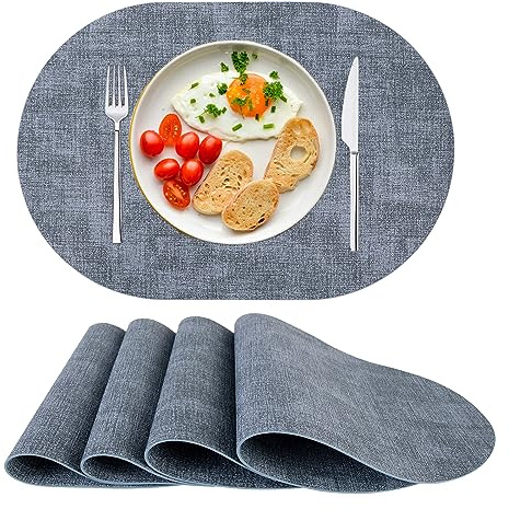 Tischsets Platzsets Abwaschbar Platzset Oval PU Leder Platzdeckchen 4er Set | Rutschfest Hitzebeständig Platmats für Esstisch Küche Blau