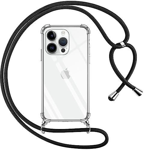 Pnakqil Handykette für iPhone 15 Pro Hülle mit Band, Transparent Weich Silikon mit Kordel Necklace Schnur Anti-Fall Bumper Schutzhülle Case Kompatibel mit iPhone 15Pro, Schwarz