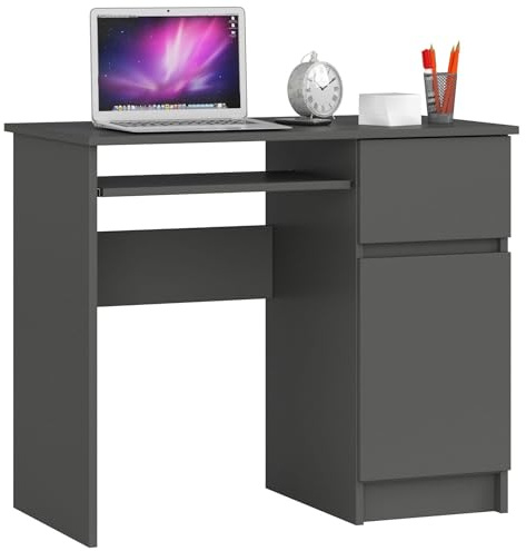 AKORD Piksel Schreibtisch Klein mit Schubladen | Office Desk | Computertisch | Bürotisch mit Tastaturablage | Schublade und Fach mit Tür | B90 x H77 x T50 cm 30 kg | Schrank Rechts | Graphitgrau
