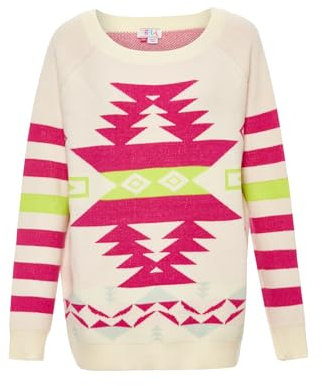 ebeeza Totem Suéter Largo Suelto de Punto para Mujer, Color, Talla M/L, Blanco Lana Fucsia