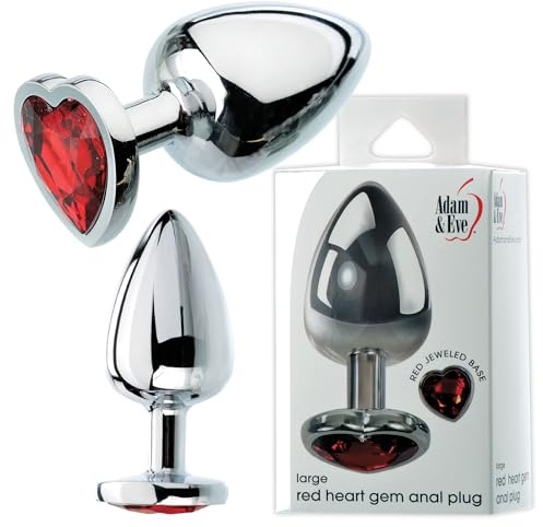 Adam & Eve Red Hearts Gem Anal Plug, Tapered Metal Butt Plug with Red Heart Gem Base, Polished Aluminum, Multiple Sizes, Free Velvet Storage Bag for Discreet Storage, Anal Toys for Beginners