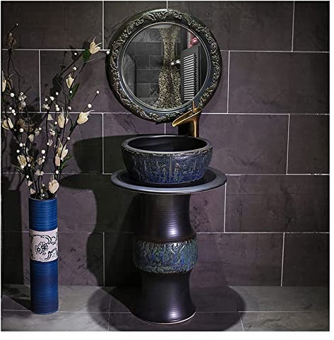 Waschtisch mit Waschbecken, Badezimmer-Waschbecken mit komplettem Sockel, Sockel-Waschbecken aus Keramik im Retro-Industrie-Stil, Deko mit Sockel, Harter und leicht zu reinigender,