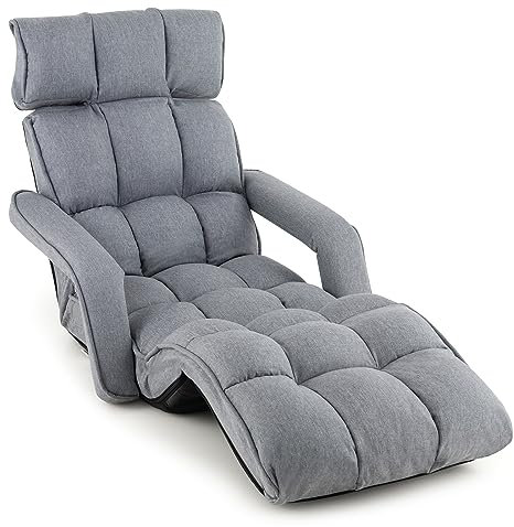 RELAX4LIFE Relaxliege, Bodenliege 6-Fach Einstellbar, Bodenstuhl Faltbar, Relaxsessel mit Schlaffunktion, Liegesessel mit Armlehnen, bis 140kg belastbar, Klappsessel für Schlafen Lesen