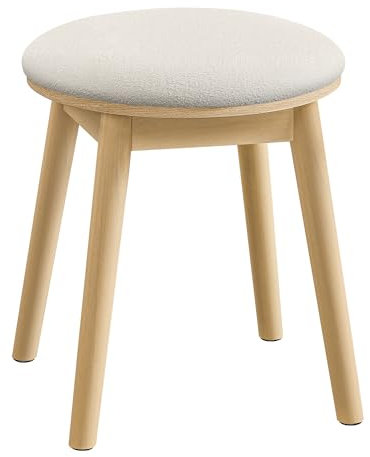 SONGMICS HOME BOHOVEN Collection - Tabouret Coiffeuse, Chaise Coiffeuse Ronde, Pieds Antidérapants, Style Bohème, pour Chambre, Coiffeuse, Blanc Crème et Beige Chêne