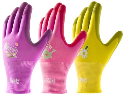 PACIFIC 3 Paia Guanti da Giardinaggio per Donna – Guanti da Lavoro, Guanti di Sicurezza Durevoli per Giardino, Pesca, Campeggio, Fai-da-Te e Attività Outdoor, Viola&Giallo&Rosso, Taglia S