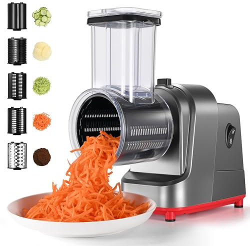 HYQNG Rallador De Queso Eléctrico, Ensalada Eléctrica Cortadora De Verduras Trituradora Rallador Eléctrico para Frutas Y Verduras, con 5 Formas Diferentes De Cuchillas,para Queso, Pepino, Zanahoria