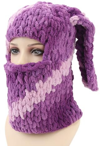 Srliya Häschenohren-Strickmütze, Lila, Warm, Winddicht, Verdickt, Dehnbar, Stilvoll, Lange Ohren, Gewebte Mütze für Herbst und Winter