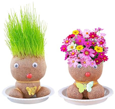 EOWVISN 2 Pieces Plant Growing Dolls, 2 Pieces Trays, Flower Head Grass Head Dolls, Mini Bonsai Grass Head Dolls, Creative Office Desktop Decorations, Children'S Growth Gifts