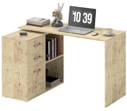 HOMCOM Scrivania Angolare per PC con 2 Cassetti e Ripiani Aperti, Scrivania ad Angolo Forma a L in Legno e Metallo, 117x83.5x76 cm, Color Noce