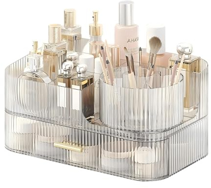 DASITON Make Up Kosmetik Organizer, 360° Drehbar Make Up Pinsel Organizer, Großer Kosmetik Aufbewahrung mit Stapelbare Schubladen, Skincare Schmink Organizers für Schminktisch Badezimmer (Transparent)