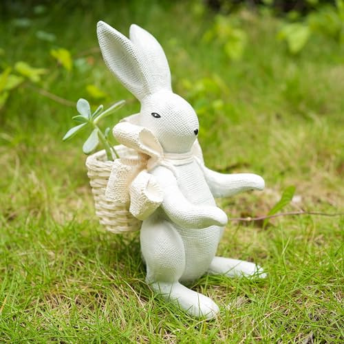 hvfun Harz Kaninchen Pflanzgefäß mit Korb im Weidenstil - Häschen Pflanzenhalter für den Außenbereich - Garten Tier Statue Dekoration