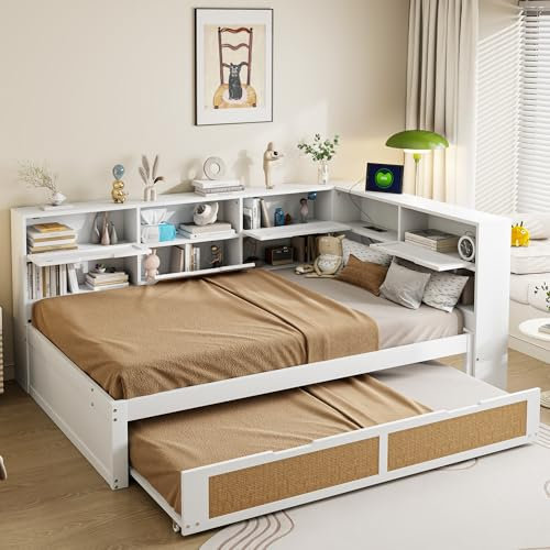 Kinderbett 140x200 mit Ausziehbett und Stauschrank, Daybett Doppelbett Bett Tagesbett Holzbett Stauraumbett mit USB-Ladefunktion für Kinder, Jugendbett Bettgestell Funktionsbett, ohne Matratze, Weiß