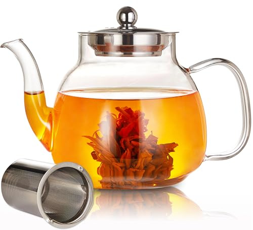 BOWD Tetera de vidrio de 1100 ml, tetera con infusor extraíble, vidrio de borosilicato resistente al calor, perfecta para té de hojas sueltas, estufa y microondas