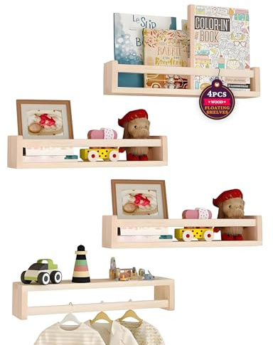 aichilra Lot de 4 étagères murales flottantes pour enfants, décoration de chambre d'enfant, idéale pour les livres et les jouets, étagère Montessori | Bois naturel