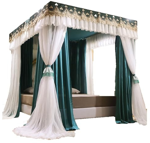 Betthimmel Mit 4 Eckpfosten,Vier Jahreszeiten Luxus-Bettvorhang mit Edelstahl-Montagehalterung Himmelbett Doppelschicht Vorhang Baldachin Moskitonetz für Mädchen Einzel Kingsize-Bett(Green,180x200cm)