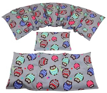 BUNTE AUSWAHL 3 er Set Langes 80 x 18 cm 8 Kammer + 3 Kammer + kleines Kirschkernkissen Wärmekissen XXL Schulterkissen Körnerkissen Mikrowelle (Grau Eulen, Kirschkerne)