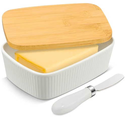 Voency 580ML Butterdose, Butterdose Keramik für alle gängigen Butter (250gr) 100% BPA-Frei Butterdose mit Holzdeckel, Keramik Butterhalter zur Aufbewahrung von Butter, Weiß