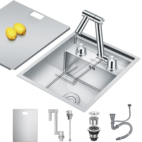 Nascosto Lavandino Bar Cucina con Rubinetto Pieghevole, Lavandino Bar a Vasca Singola Sottopiano in Acciaio Inossidabile Nascosto per Piccole Cucine Bar RV (Silver A, 35x45x22CM)