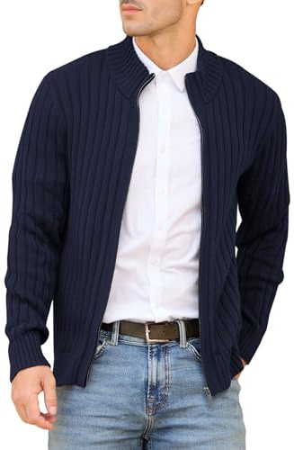 NITAGUT Herren Strickjacke Full Zip Stehkragen Langarm Baumwolle Casual Slim Fit Winter Pullover für Männer,Navy Blau,L