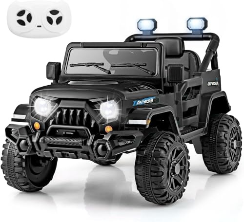 GOPLUS 12 V elektrisk bil för barn, barnbil med 2,4 G fjärrkontroll, musik, tuta, LED-lampor, robust säkerhetssele, elbil för barn från 3 år (svart)