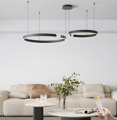 GaoHX Ringe LED Pendelleuchte, Runde Pendellampe, Hängelampe Moderne Dimmbar Pendelleuchte, Wohnzimmerlampe Ringe Hängelampe Esstisch Hängeleuchte Wohnzimmer Kronleuchter Esszimmerlampe(Nero,40+60cm)