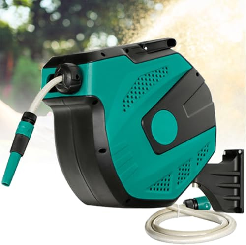 Garden Hose Reel - Retractable, Wall Mounted, Automatic Rewind, 180° Swivel, Includes Handle 2 Nozzles