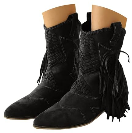 Xbemkste cowboystövlar dam med tofsar klassiska mellanskaftade stövlar vintage västerländska stövlar franskängor dam cowboy stövlar lediga damstövlar vinterstövlar, svart, 38.5 EU