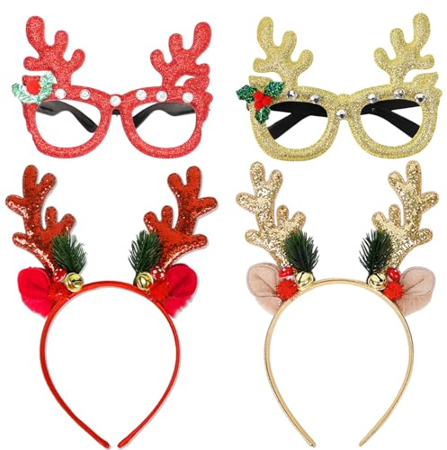 GWAWG 4 Stück Weihnachten Glitzer Party Brille Rentier Stirnband Pailletten Geweih Xmas Verkleidung Kostüm Dekoration Party Kopfbedeckung Haarband Zubehör