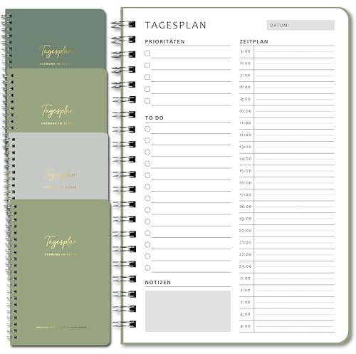 BIROYAL 4 Stück Tagesplaner Undatiert A5, 400-Tage To Do Planer, Grün | 120gsm Papier, 360° umklappbar Spiral Daily Planner, mit To Do Liste Stundenplan, Klar Strukturiert, Home Office Gadgets