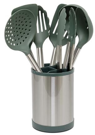 Glad Kitchen Utensils Set, 8pcs - Nonstick Cooking Tools with Stainless Steel Handles & Rotating Utensil Holder - Turners, Ladle, Spoon, Tongs, Spaghetti Server, and Skimmer - Dishwasher Safe, Green