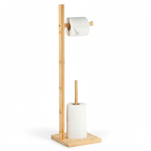 Portarrollos de Papel higiénico de pie en Madera Bambu. Soporte para Rollos de Repuesto Porta Papel de baño