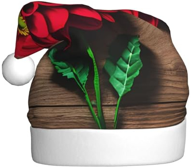 DUWAA Wooden Board Retro Flower Red Dahlia Print Soft Plush Santa Hat Adult, Xmas Party Hat With Pom,For Christmas New Year Festive Party