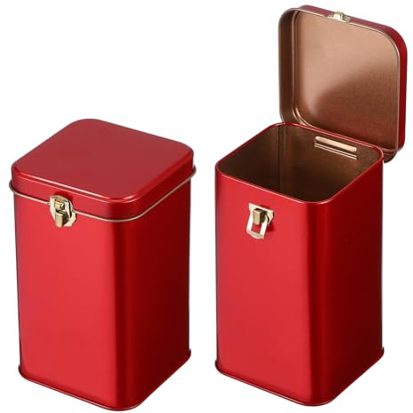 sourcing map 2 Pcs Square Tin Can, Metal Empty Storage Container Tinplate Tea Canister with Lid for Treats Gifts Favors Loose Tea Coffee Crafts Cookies(85x85x140mm, Red)