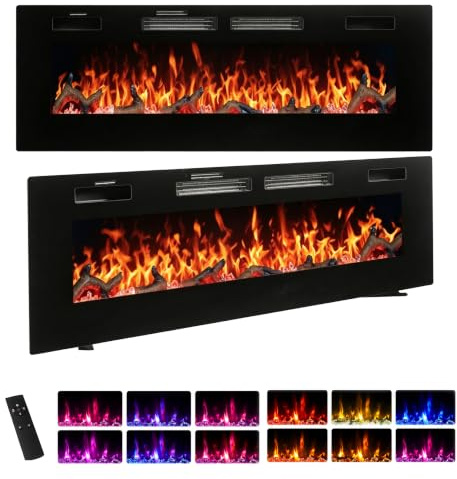 LSBIKE Ultra-Slim 8cm Electric Fireplace, Wall-Mounted/Recessed/Freestanding, 24 Flame Colours, Electric Heating Fireplace Inserts with Remote, Modern LED Fire for Living Room Bedroom (Black, 50INCH)