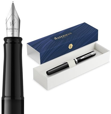Waterman Impression Füller | Mittlere Feder mit blauer Tintenpatrone | Schwarzer Lack mit palladiumbeschichtetem Zierrat | Geschenkbox