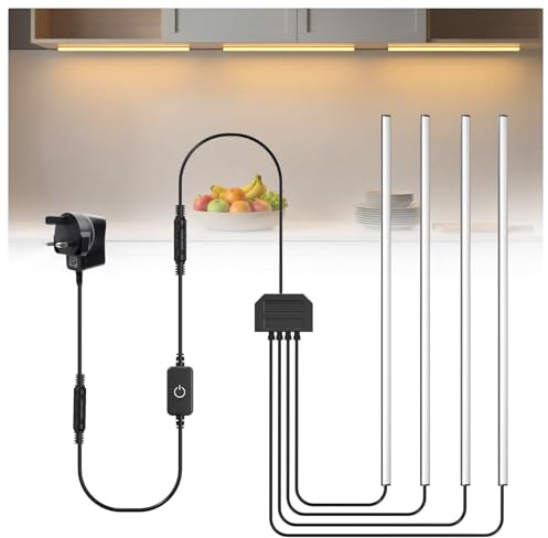 Lustaled 90° Ecke Unterbauleuchte Küche LED mit Kabel, 4 x 30cm Vitrinenbeleuchtung LED Küchenlampe Unterbau Warmweiß 3000K, Touch Dimmbare Küchenunterbauleuchte 230V für Schrank, Vitrine, Regal