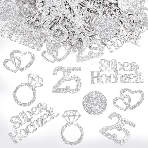 Whimzey Doppelseitige Glitzer Silberhochzeit Deko Konfetti Groß 2,3-5,2cm, 100 Stk Deko Silberhochzeit 25 Jubiläum,Silber Hochzeit Streudeko mit Nummer 25,Herz,Ringe Motiven,25. Hochzeitstag Tischdeko
