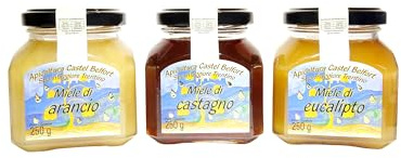 Apicoltura Castel Belfort - pack da 3x250 gr Miele di Arancio, Castagno, Eucalipto 100% Italiano, Lavorato a Freddo, Artigianale, Ideale per Merende, Formaggi e Dolci, 250 gr