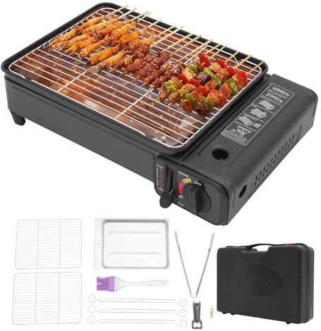 TONFEION Camping Gasgrill Tragbarer Tischgrill | mit 2 Grillrosten, Tragetasche, 6 Bratnadeln, Fettauffangschale & Bürste | für Outdoor BBQ, Zusammenkünfte und Grillpartys
