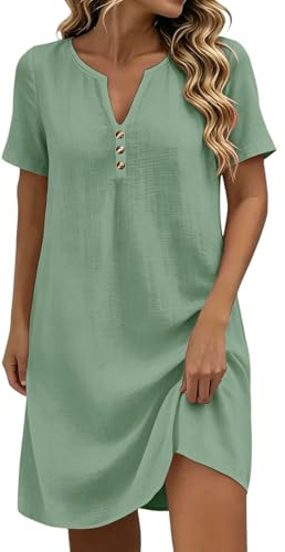 Générique Robes Femme Lin Coton Ete Elegan Tunique Robe Courtes Manches Robes DéContracté Ample Col en V Couleur Unie Dress Casual Plage Vacances Fluide Grande Dress pour FêTe