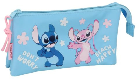Safta | Estuche Escolar Triple Disney Stitch Happy, Portatodo Escolar Infantil con 3 Compartimentos Separados con Cremallera y Bolsillo Interior Central, Medidas 22x3x12 cm