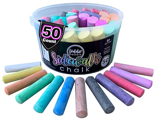 Loddie Doddie Jumbo Sidewalk Chalk - Pack of 50, Multicolor - Easy-Grip No-Roll Sticks for Toddlers Ages 1-3 - Washable Outdoor Chalk for Kids - Storage Bucket for Kids