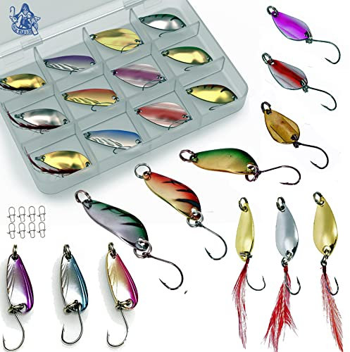 Njord Kalastus Spoons Forelle Set 12 Stück + Spoonbox | Forellen Spoon Forellenköder Spoon Set | Forellen Spinner Angelköder-Set UL Forellen Blinker Angelset, Blinkerset 2,5g-3g (Premium)
