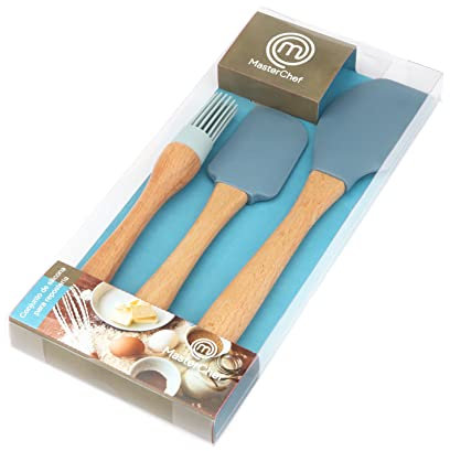 Masterchef Junior - Set de 3 Utensilios de Cocina - Diseño en Madera y cabezal de Silicona en Color Azul - Incluye Espátula Grande, Espátula Mediana y Pincel - Agujero en el Mango para Colgar