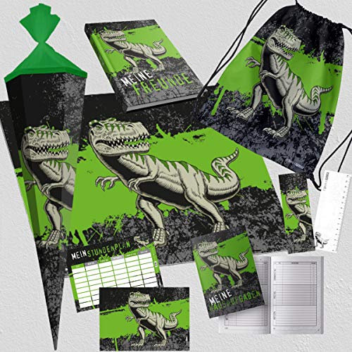 itenga Set T-Rex Schultüte Turnbeutel Schreibunterlage Hausaufgabenheft Freundebuch Lesezeichen Stundenplan Dinosaurier