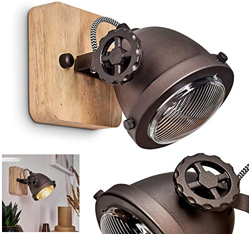Vägglampa Herford, justerbar vägglampa av metall/trä/glas i svart/brun/natur, 1 flamma, 1 x GU10-fäste, väggspot i retro/vintage-design, glödlampor ingår ej