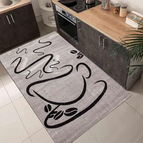 VIMODA Küchenteppich Grau Trendiger Kaffee Teppich, Cappuccino Muster Küchenläufer Kurzflor, Maße:120 x 170 cm